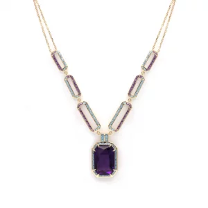 Majestic Yellow Gold Cocktail Necklace with Amethysts & Blue Topaz - Image 2