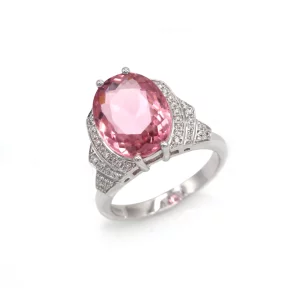 Art Deco Elegance: Pink Tourmaline and Diamond Ring in White Gold - Image 2