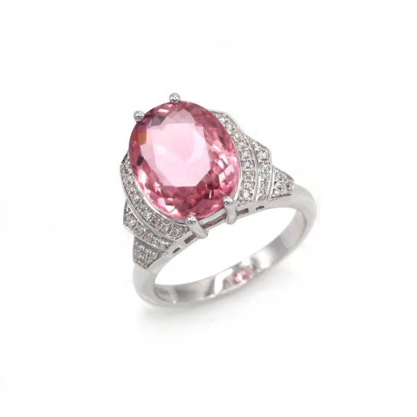 Art Deco Elegance: Pink Tourmaline and Diamond Ring in White Gold